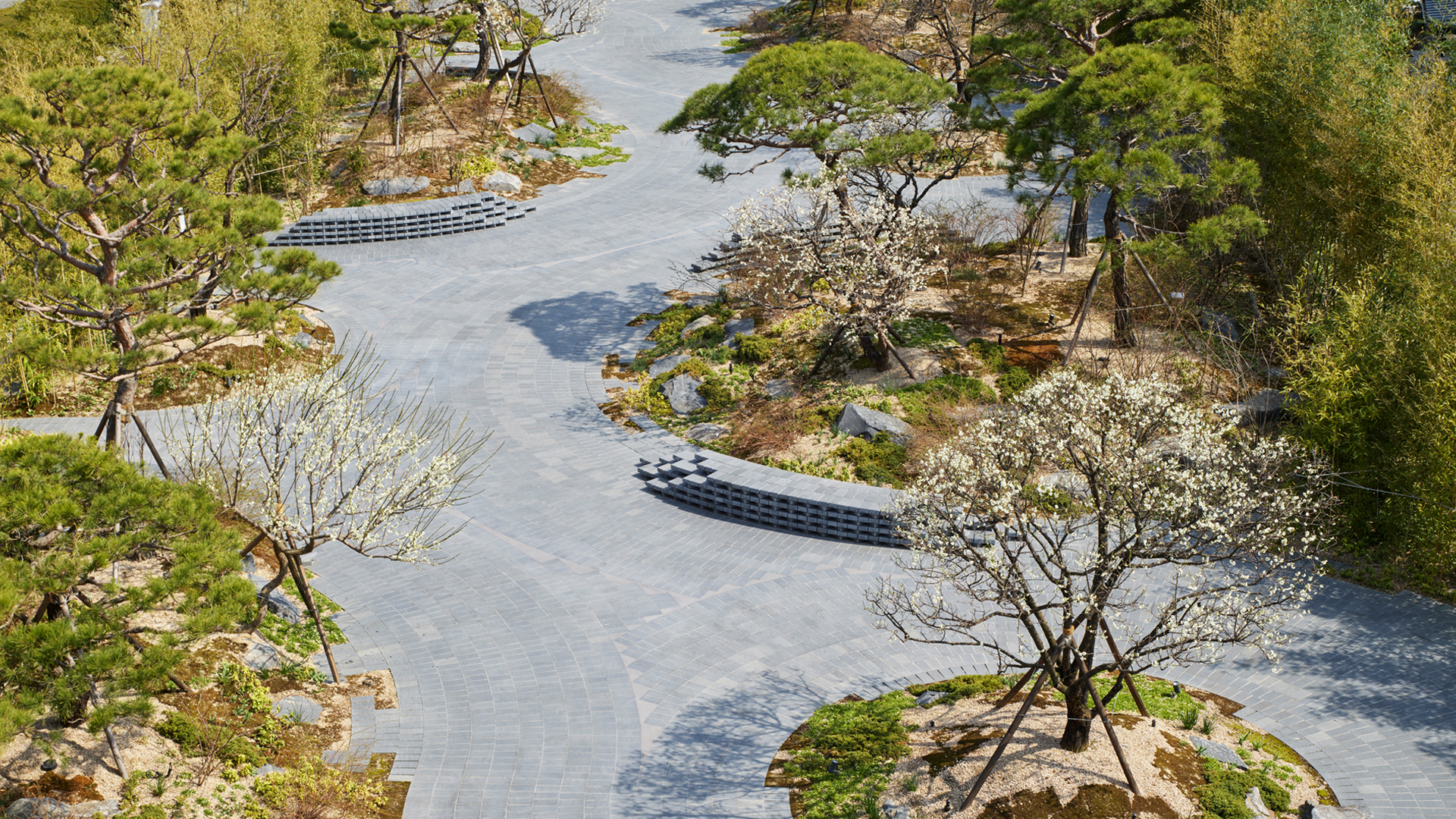 곡선형 산책로를 따라 소나무와 꽃나무가 어우러진 정원 전경